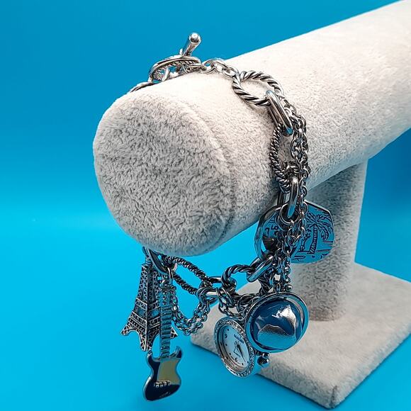 Vintage Charm Bracelet, Eiffel Tower, Globe, Guitar, Watch, 8 1/2" - Picture 8 of 10